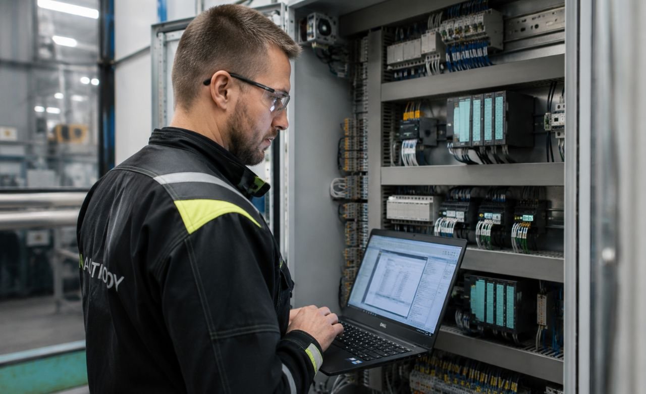 kuva suomalaisesta automaatioasentajasta ohjelmoimassa teollisuuden automaatiojärjestelmää.