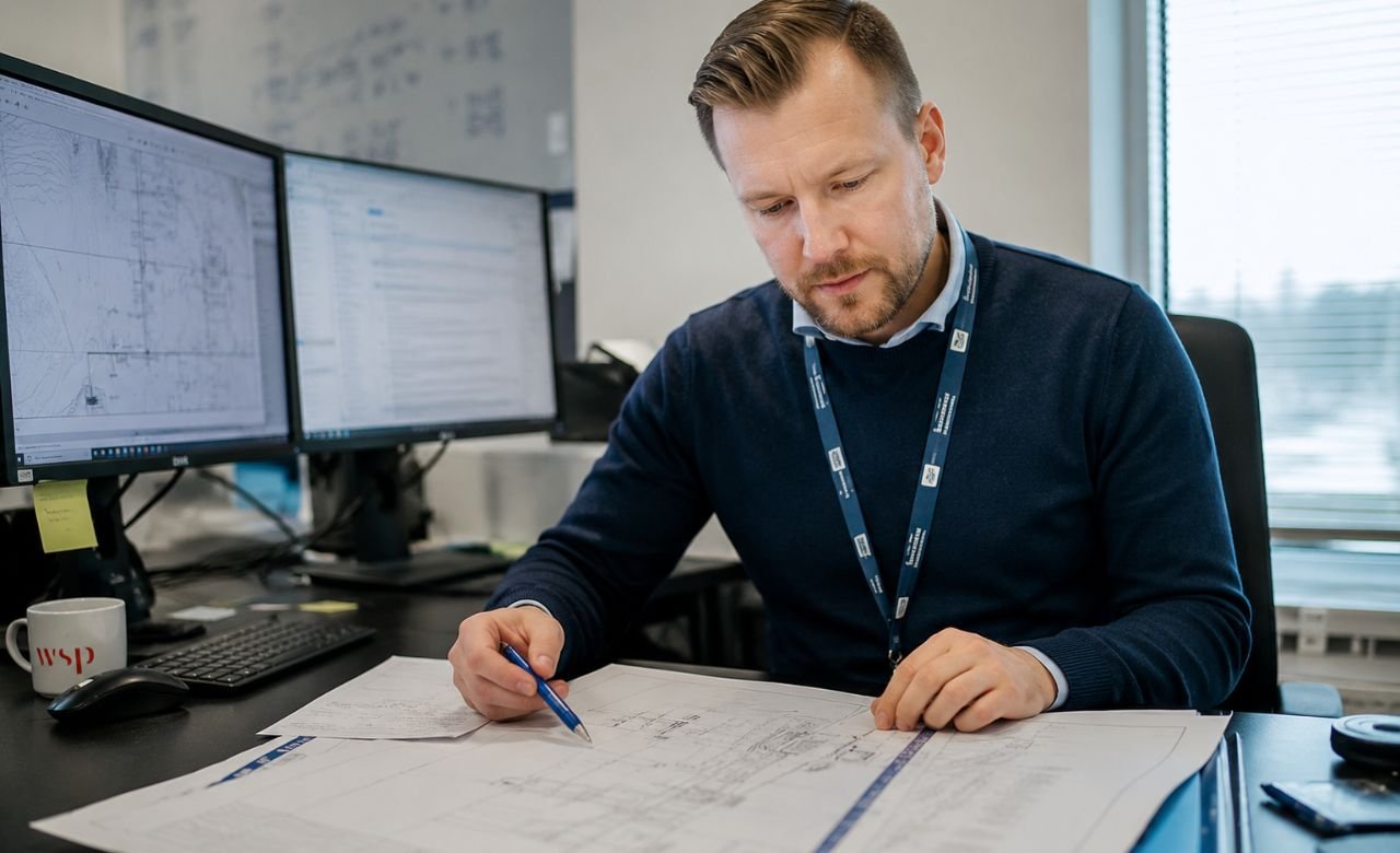 kuva suomalaisesta diplomi-insinööristä tarkastelemassa teknisiä piirustuksia modernissa insinööritoimistossa.