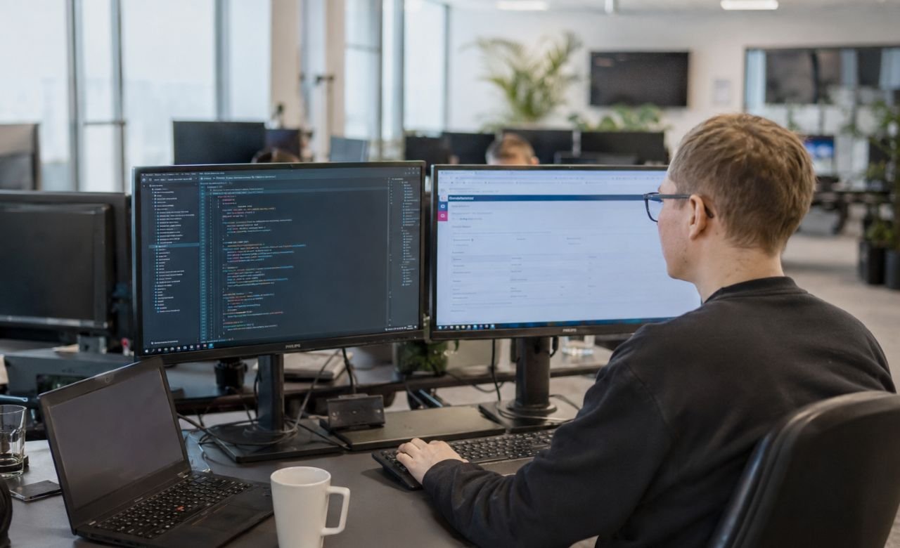 kuva suomalaisesta IT-asiantuntijasta työskentelemässä tietokoneella modernissa toimistossa.