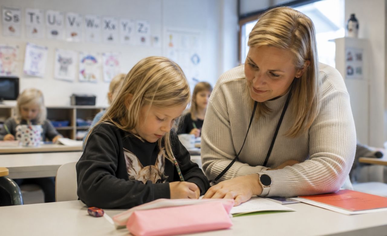 kuva suomalaisesta koulunkäynninohjaajasta auttamassa oppilasta koulutehtävissä modernissa luokkahuoneessa.
