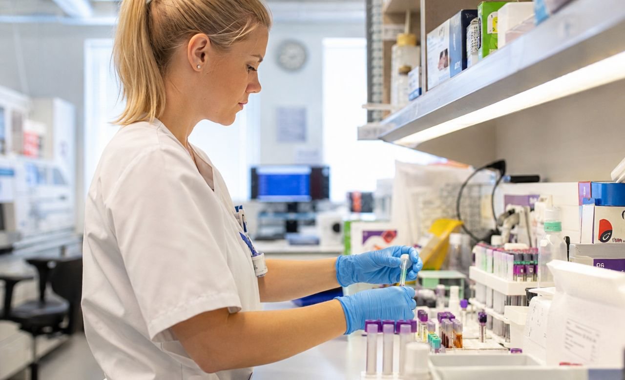 kuva suomalaisesta laboratoriohoitajasta työskentelemässä kliinisessä laboratoriossa näytteiden parissa.