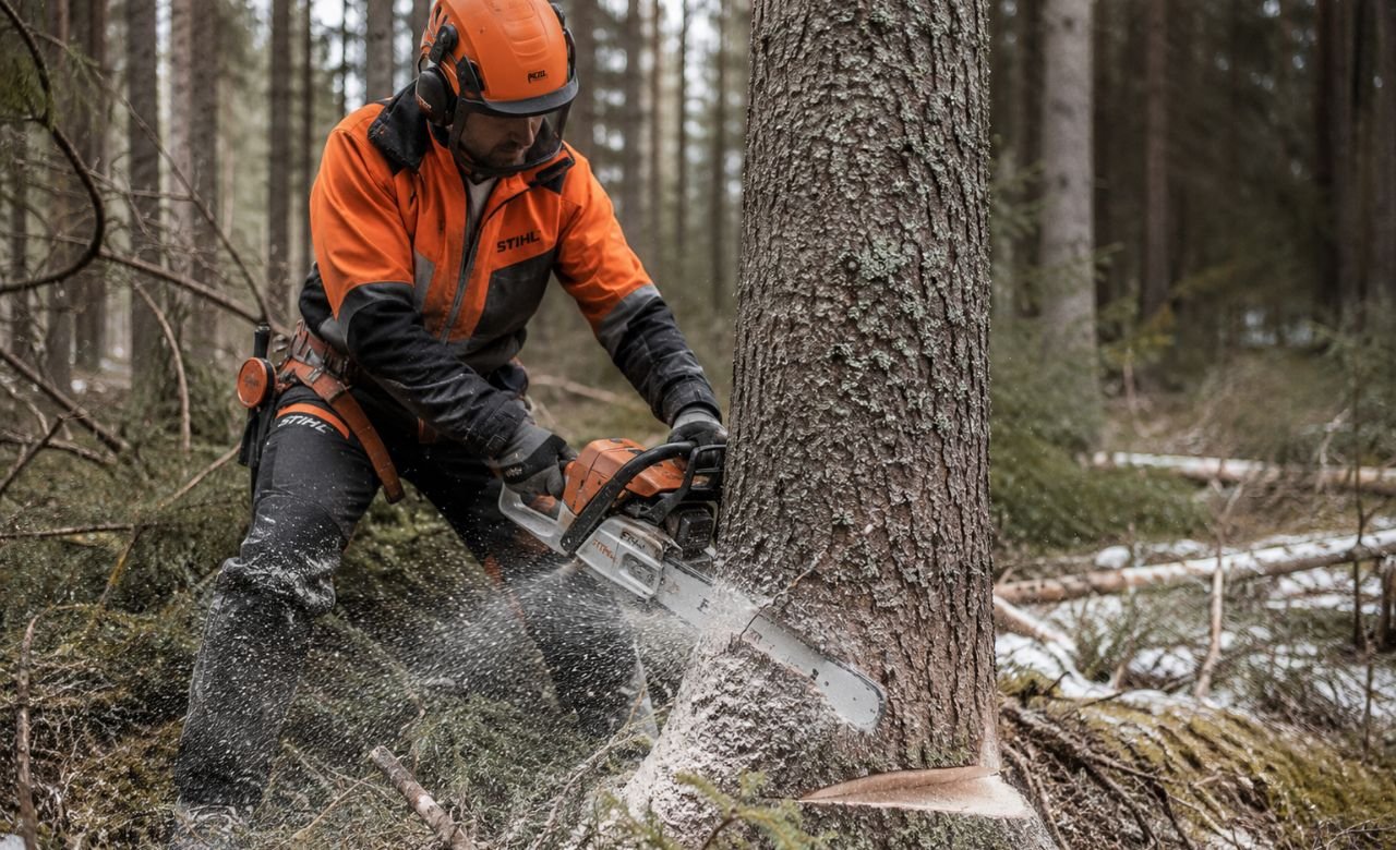 kuva suomalaisesta metsuriyrittäjästä työskentelemässä moottorisahan kanssa suomalaisessa metsässä.