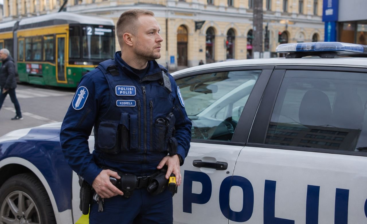 kuva suomalaisesta poliisista partioauton vieressä kaupunkiympäristössä.
