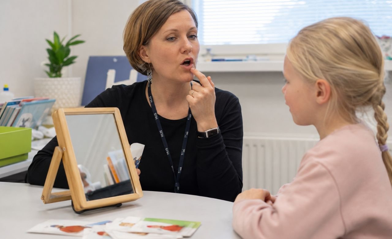 kuva suomalaisesta puheterapeutista työskentelemässä lapsipotilaan kanssa modernissa terapiahuoneessa.
