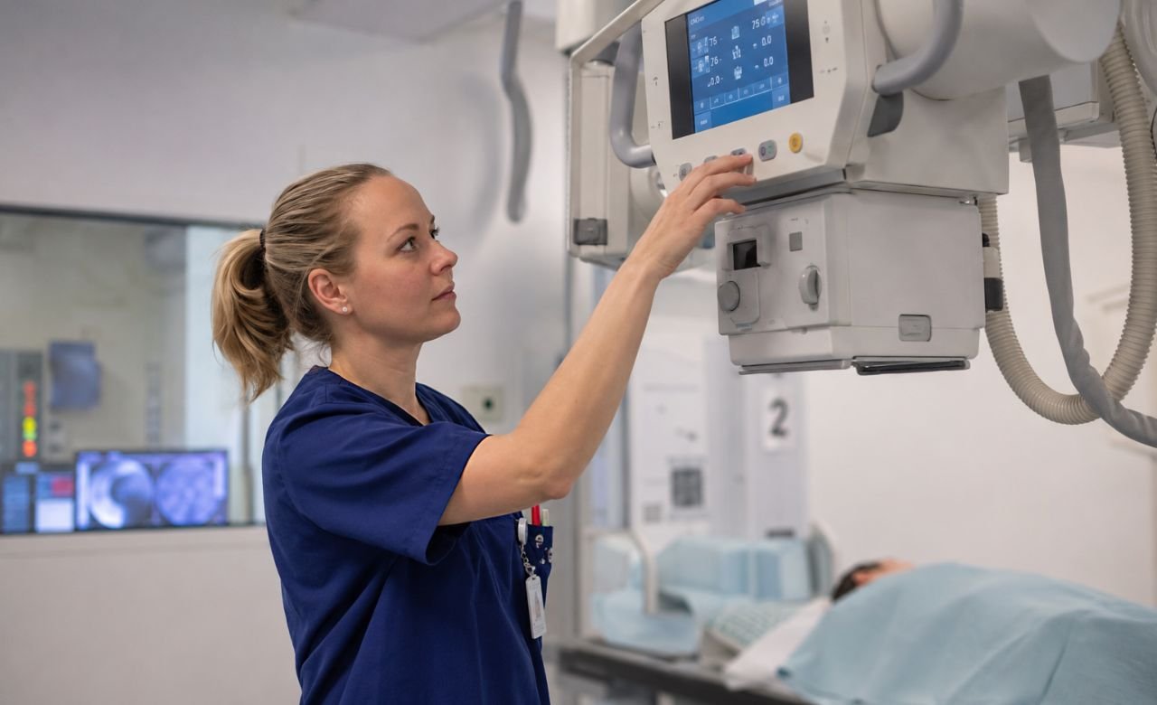 kuva suomalaisesta röntgenhoitajasta käyttämässä kuvantamislaitetta modernissa sairaalan radiologiaosastolla.