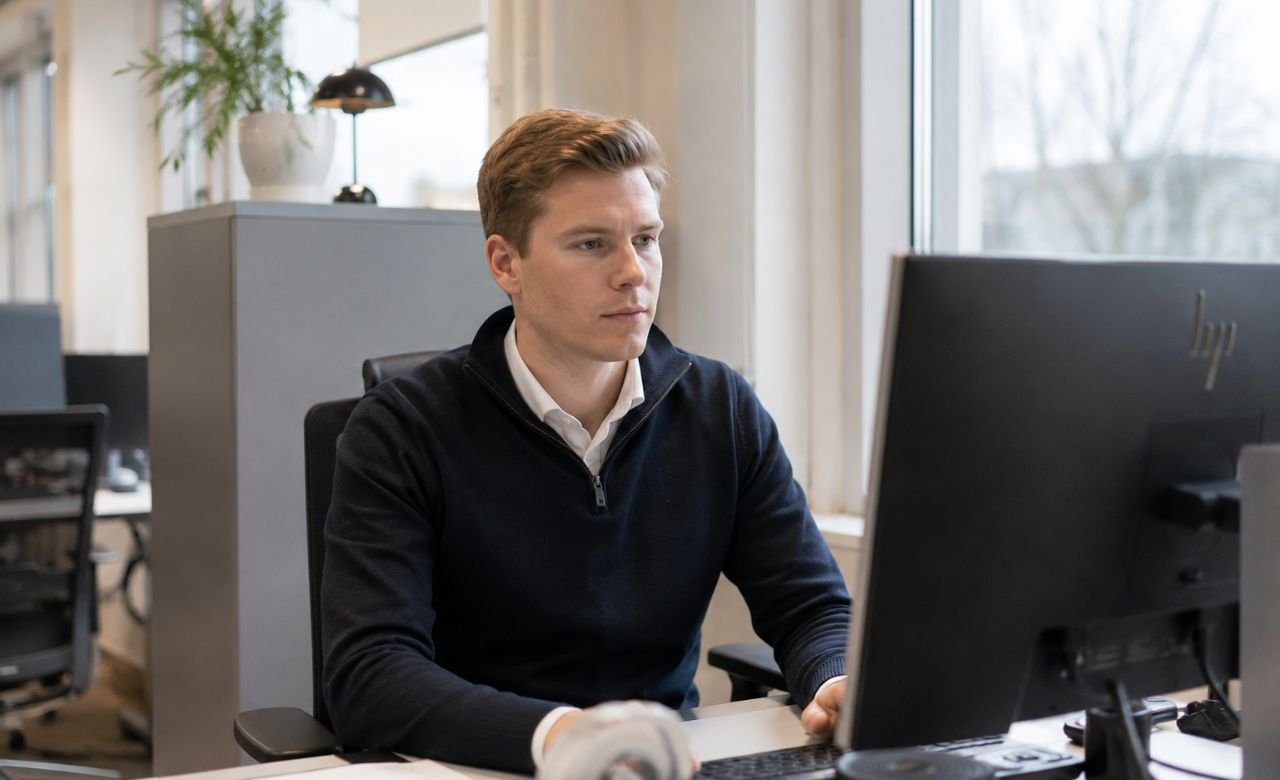 kuva nuoresta suomalaisesta tradenomista työskentelemässä tietokoneella modernissa toimistossa.