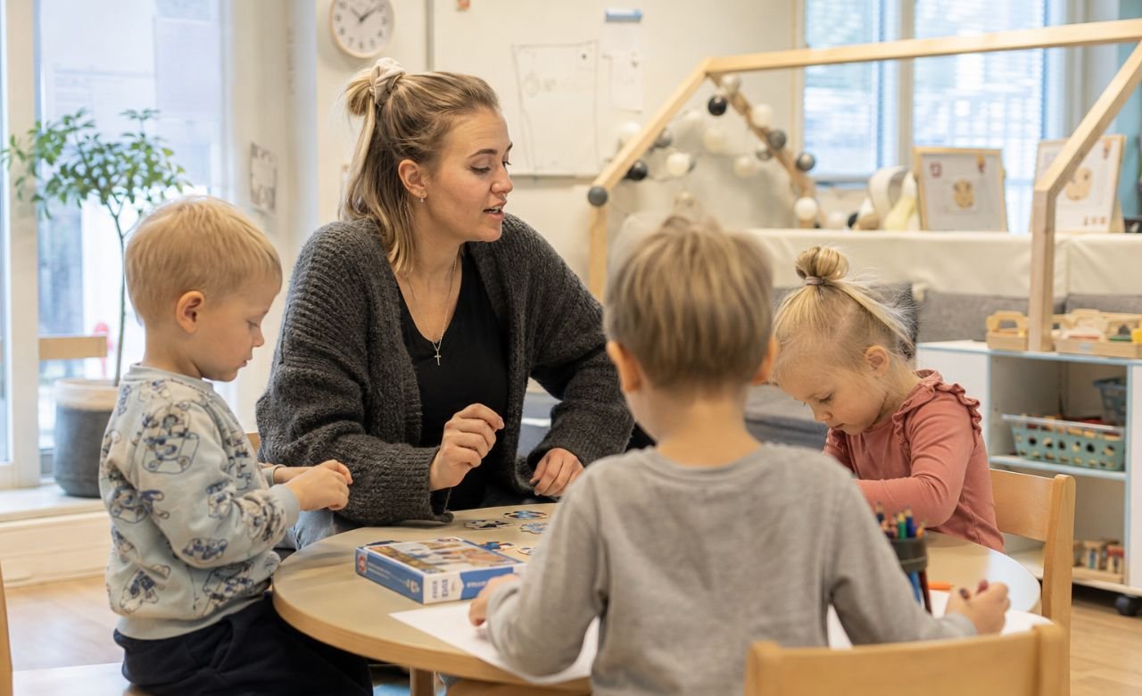 kuva suomalaisesta varhaiskasvatuksen opettajasta lasten kanssa modernissa päiväkodissa.