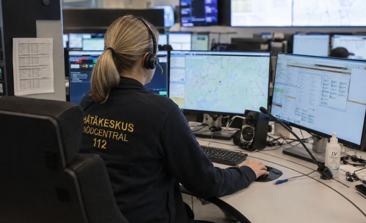 kuva suomalaisesta hätäkeskuspäivystäjästä työskentelemässä hätäkeskuksessa.