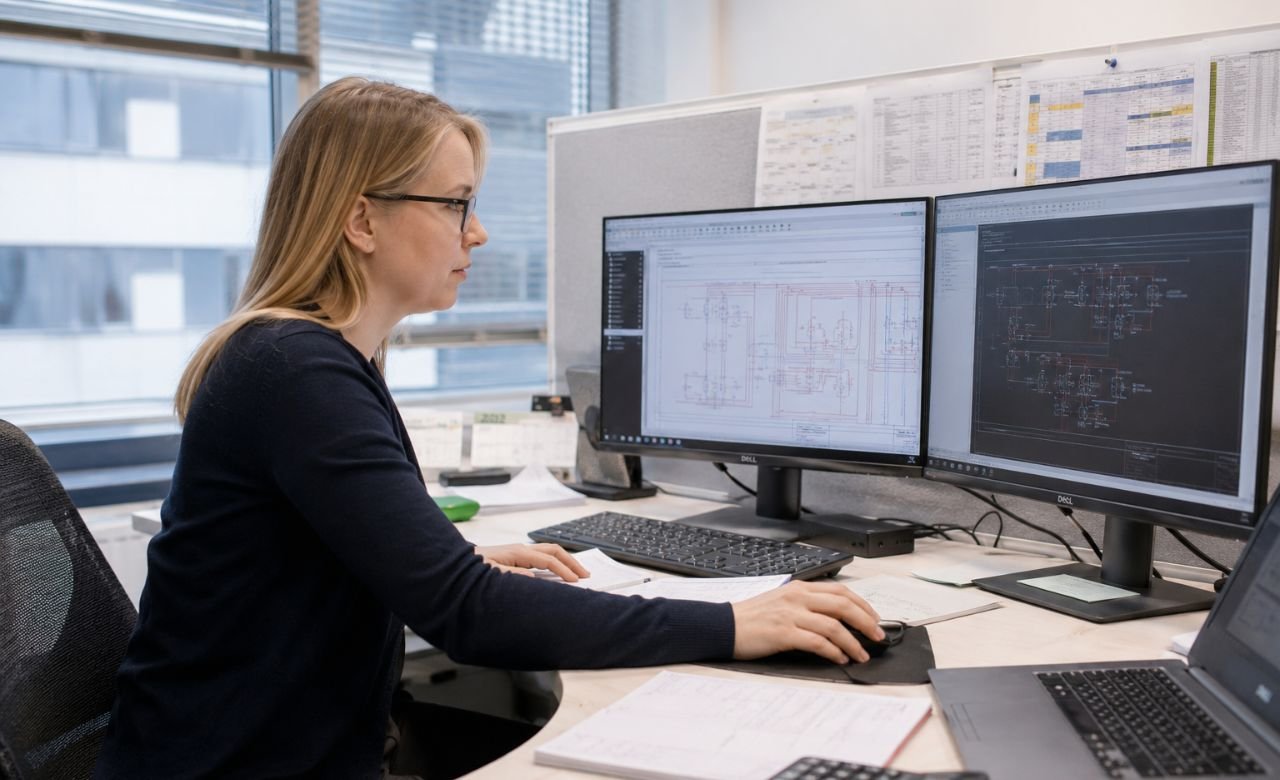 kuva suomalaisesta sähköinsinööristä työskentelemässä sähköpiirustusten parissa modernissa toimistossa.