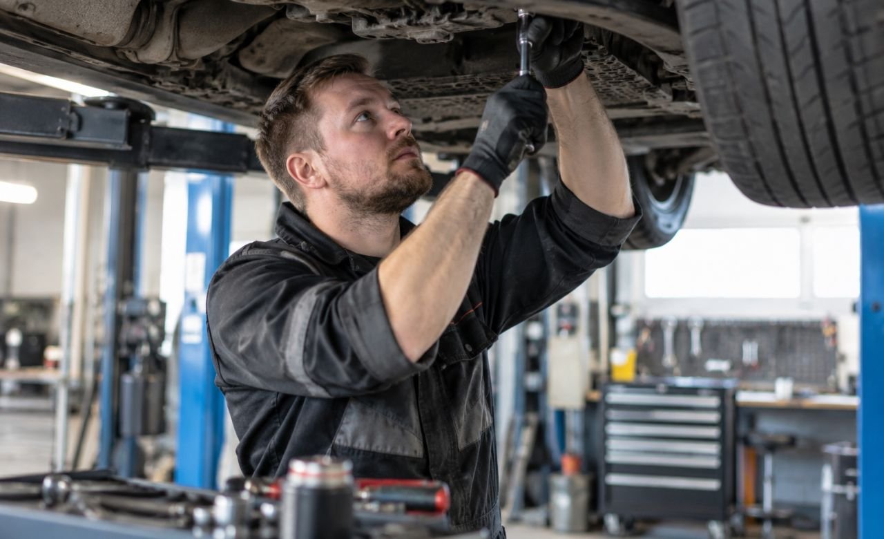 Automekaanikko korjaamassa autoa nostimen päällä autokorjaamossa