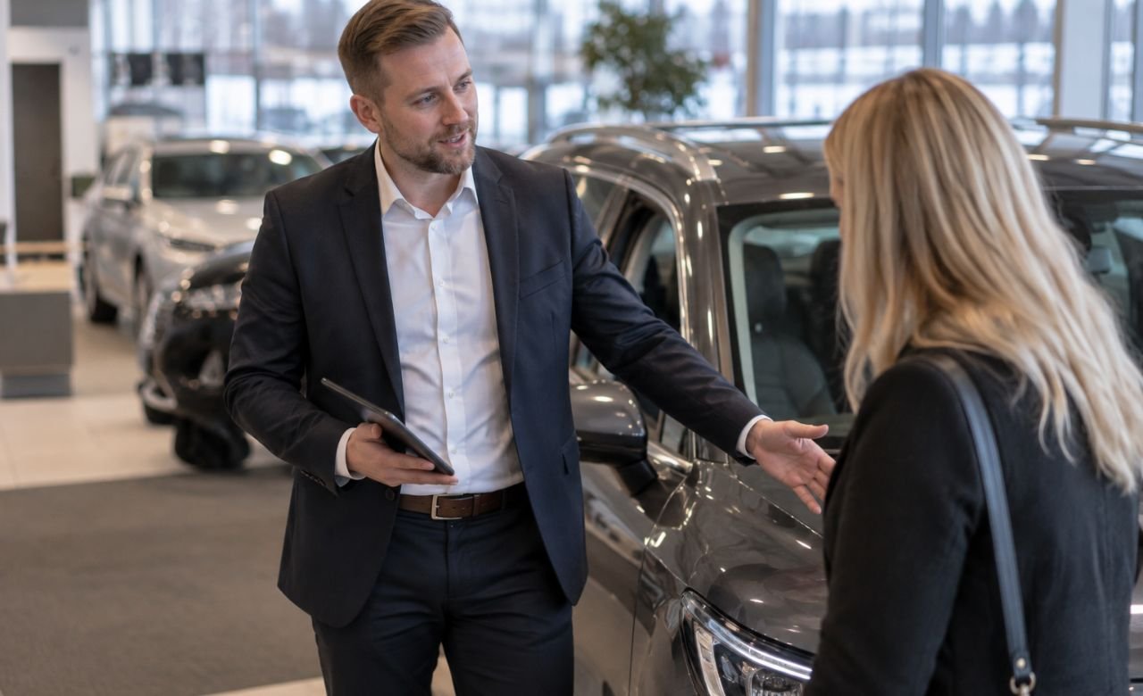 Automyyjä esittelemässä uutta autoa asiakkaalle autoliikkeessä