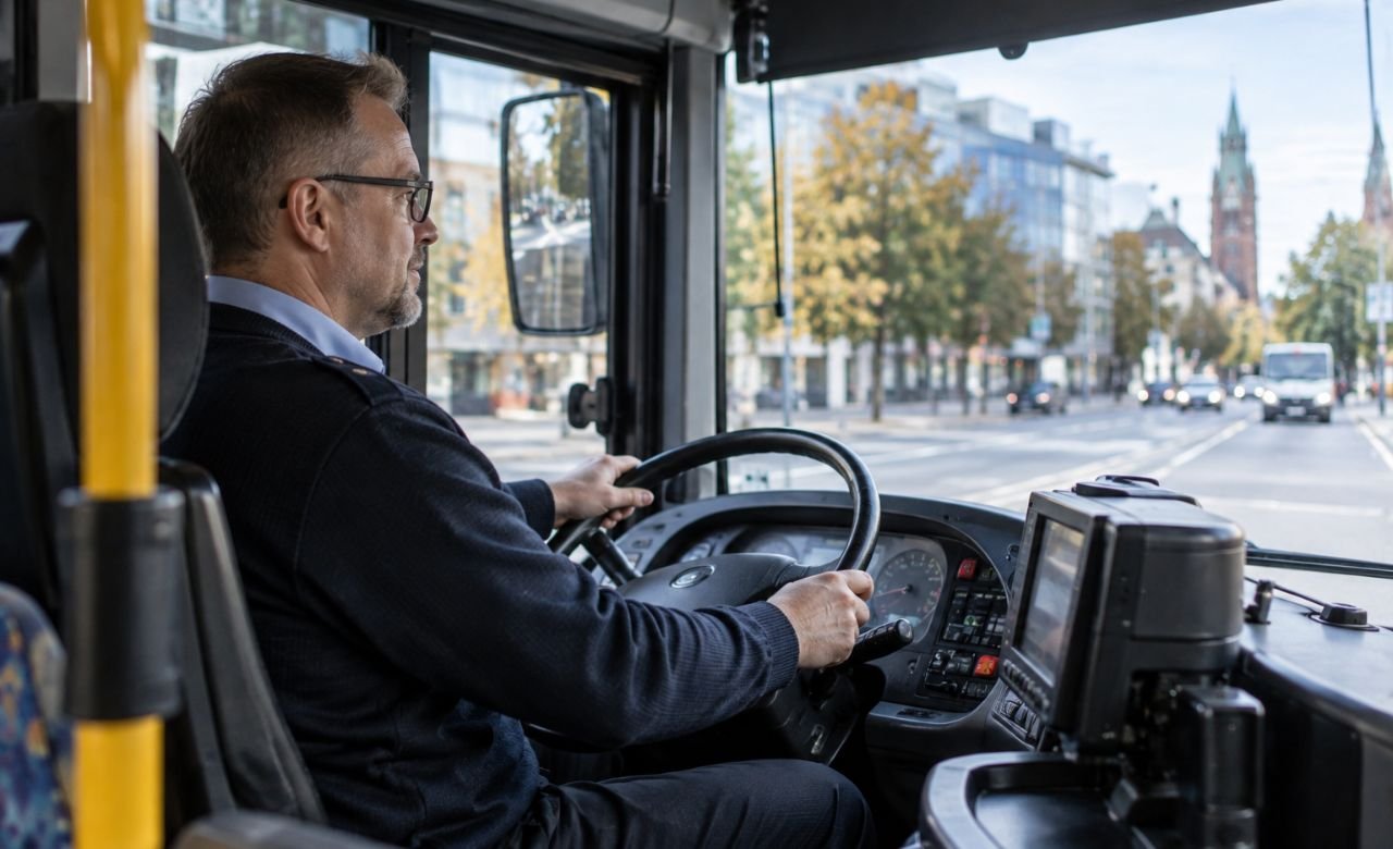 Bussikuljettaja ajamassa linja-autoa kaupunkiliikenteessä