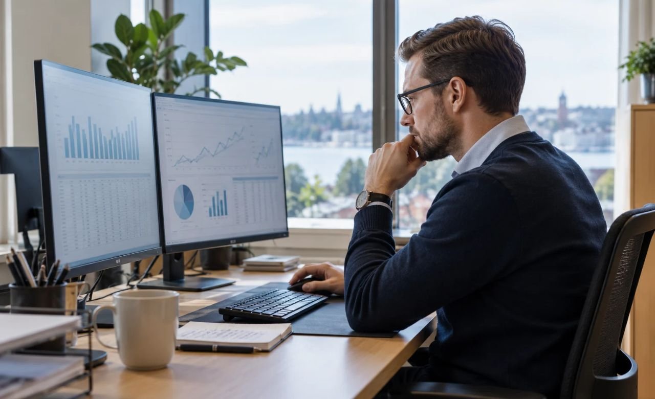 Controller analysoimassa talouslukuja tietokoneella toimistossa