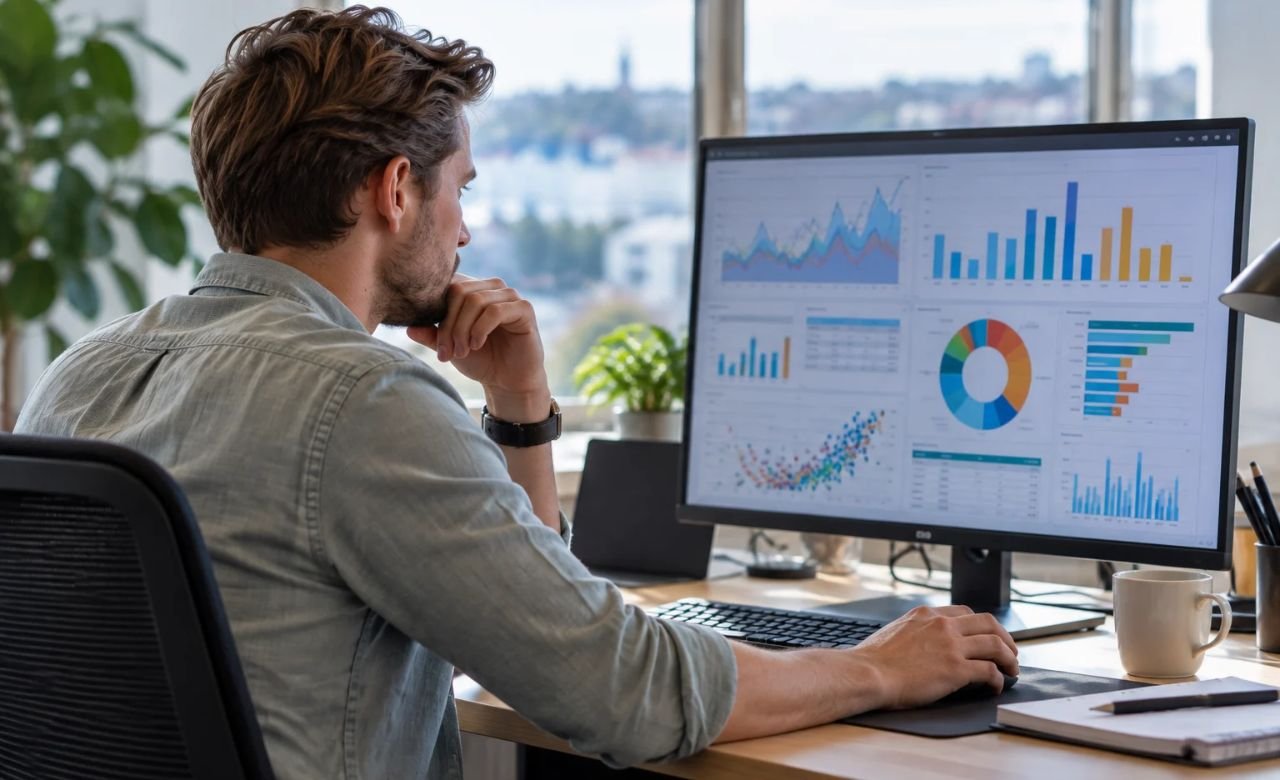 Data-analyytikko tarkastelemassa datavisualisointeja tietokoneen näytöltä