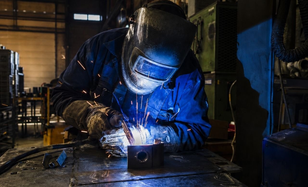 kuva hitsaajasta suojavarusteissa hitsaamassa metallia konepajassa