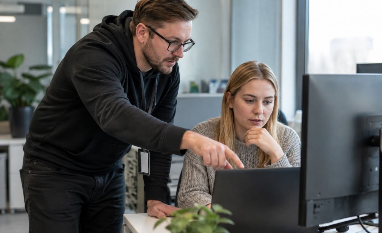 IT-tukihenkilö auttamassa käyttäjää tietokoneongelmassa toimistolla