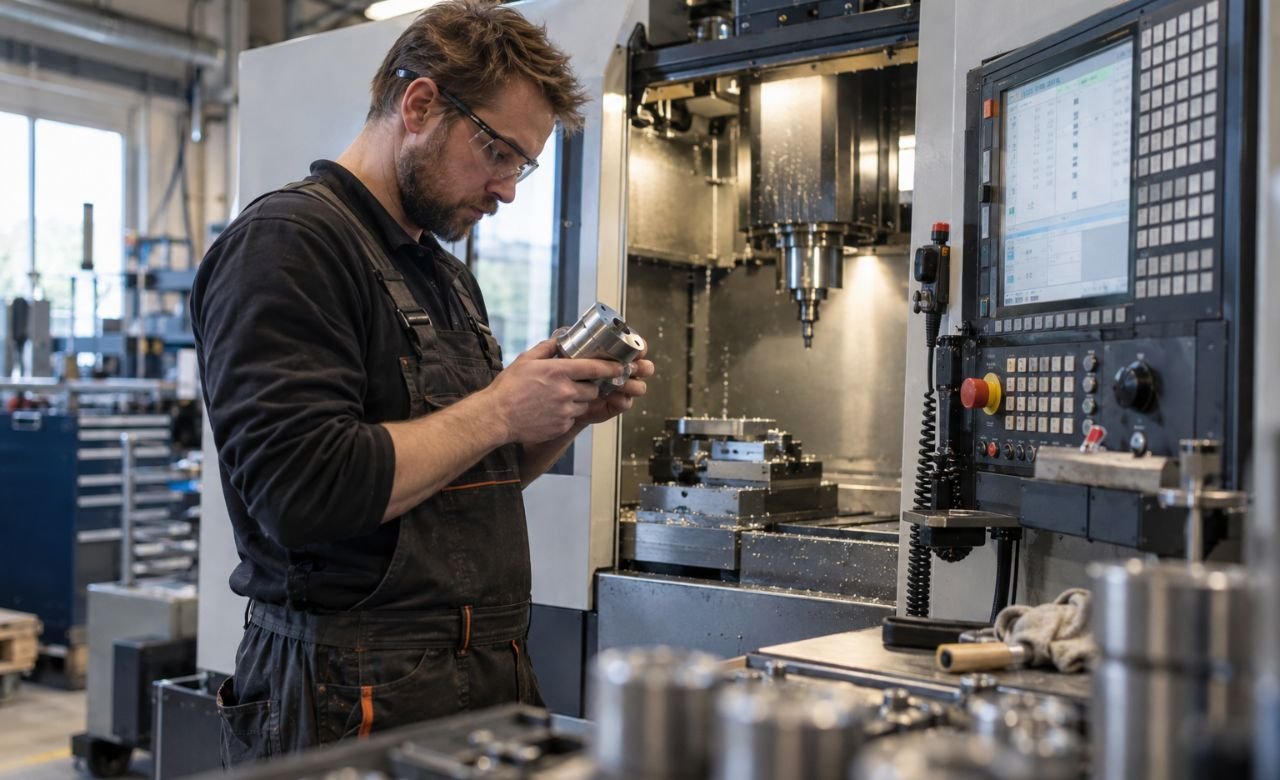 CNC-koneistaja käyttämässä työstökonetta konepajassa