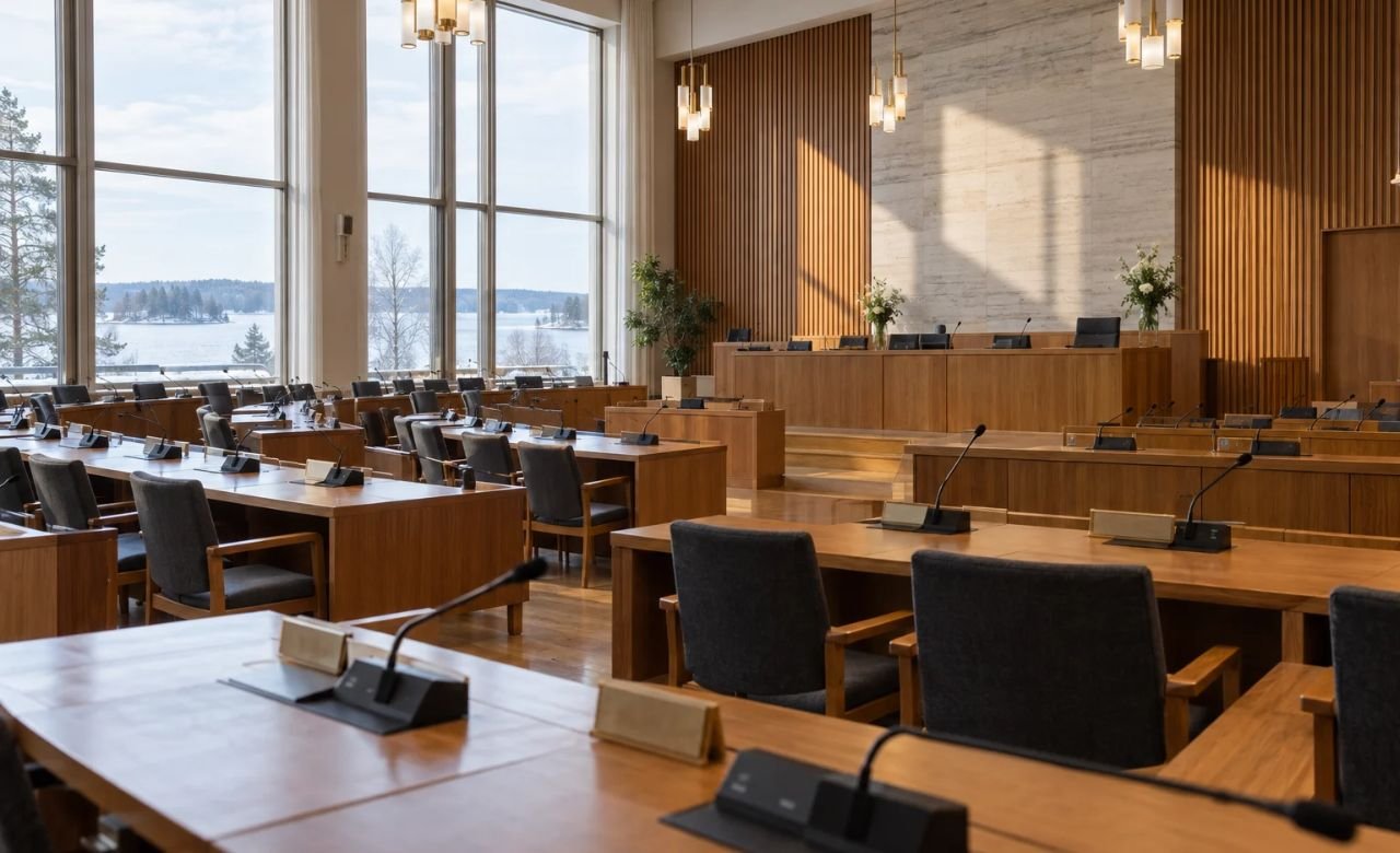 Kunnanvaltuuston kokoussali istunnon aikana