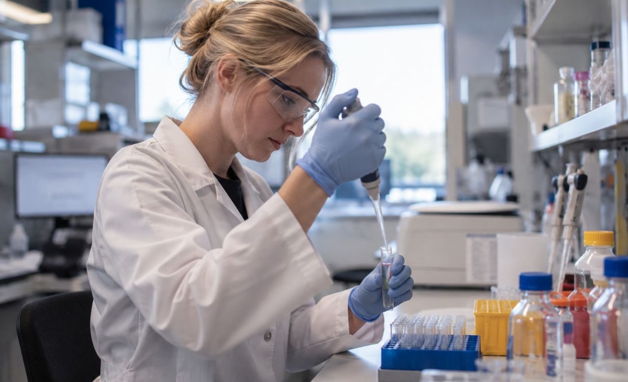 Laborantti tekemässä analyysejä laboratoriossa
