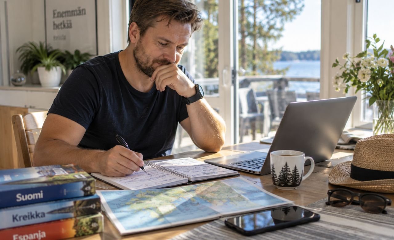 henkilö suunnittelemassa lomaa kalenterin ja tietokoneen ääressä