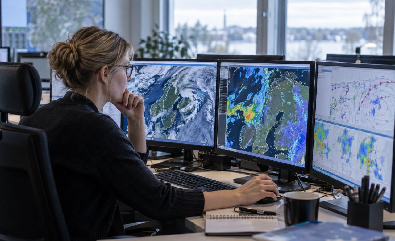 Meteorologi seuraamassa sääkarttoja ja -tutkia työasemalla