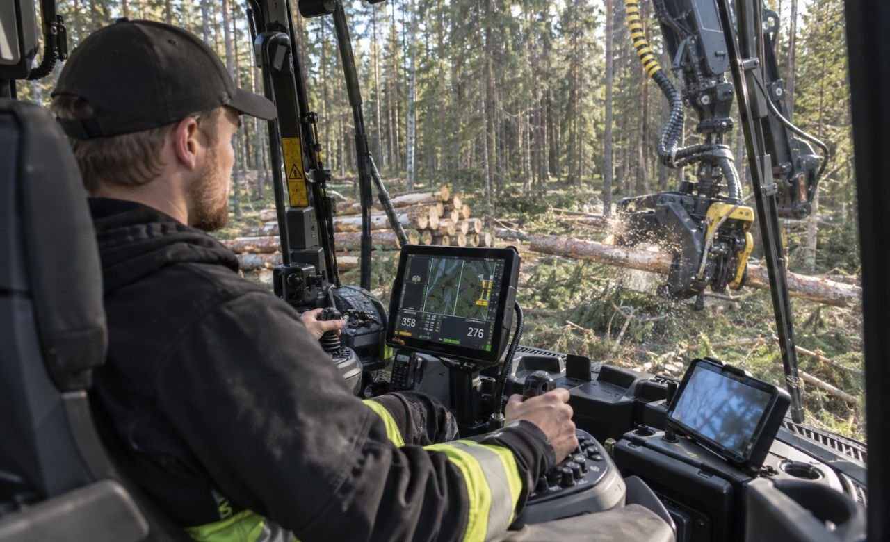 kuva metsäkoneenkuljettajasta hakkuukoneen ohjaamossa metsässä