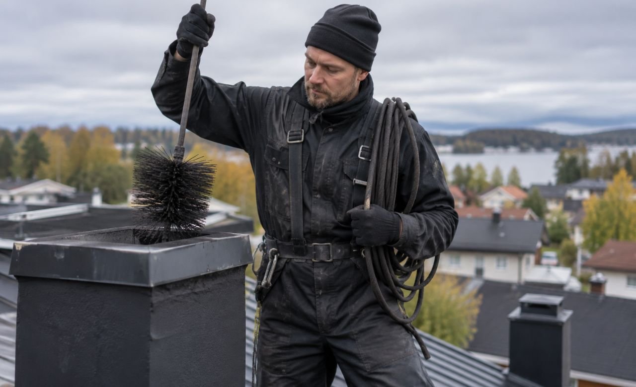 Nuohooja työskentelemässä katolla savupiipun luona