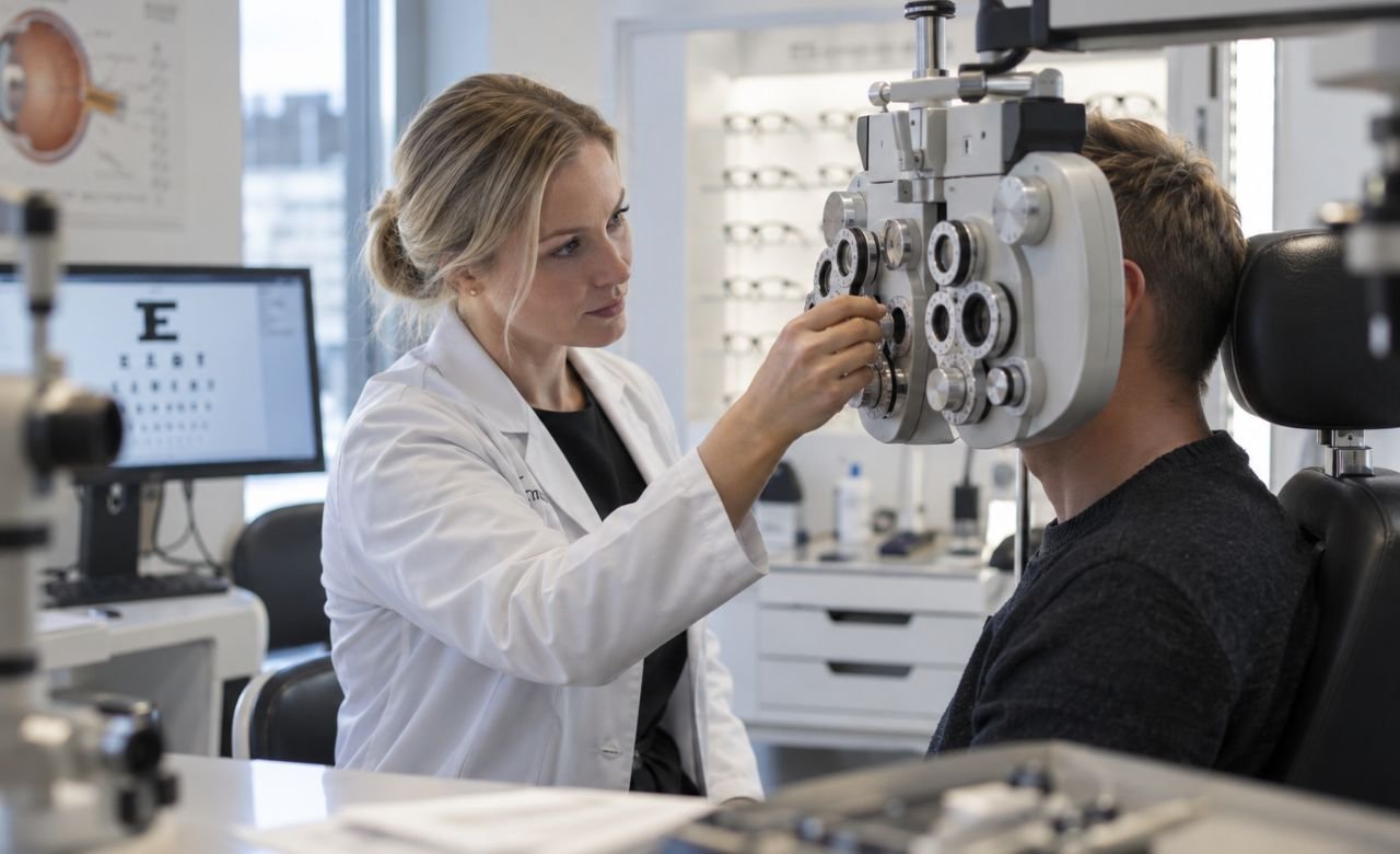 kuva optometristista tekemässä näöntutkimusta asiakkaalle