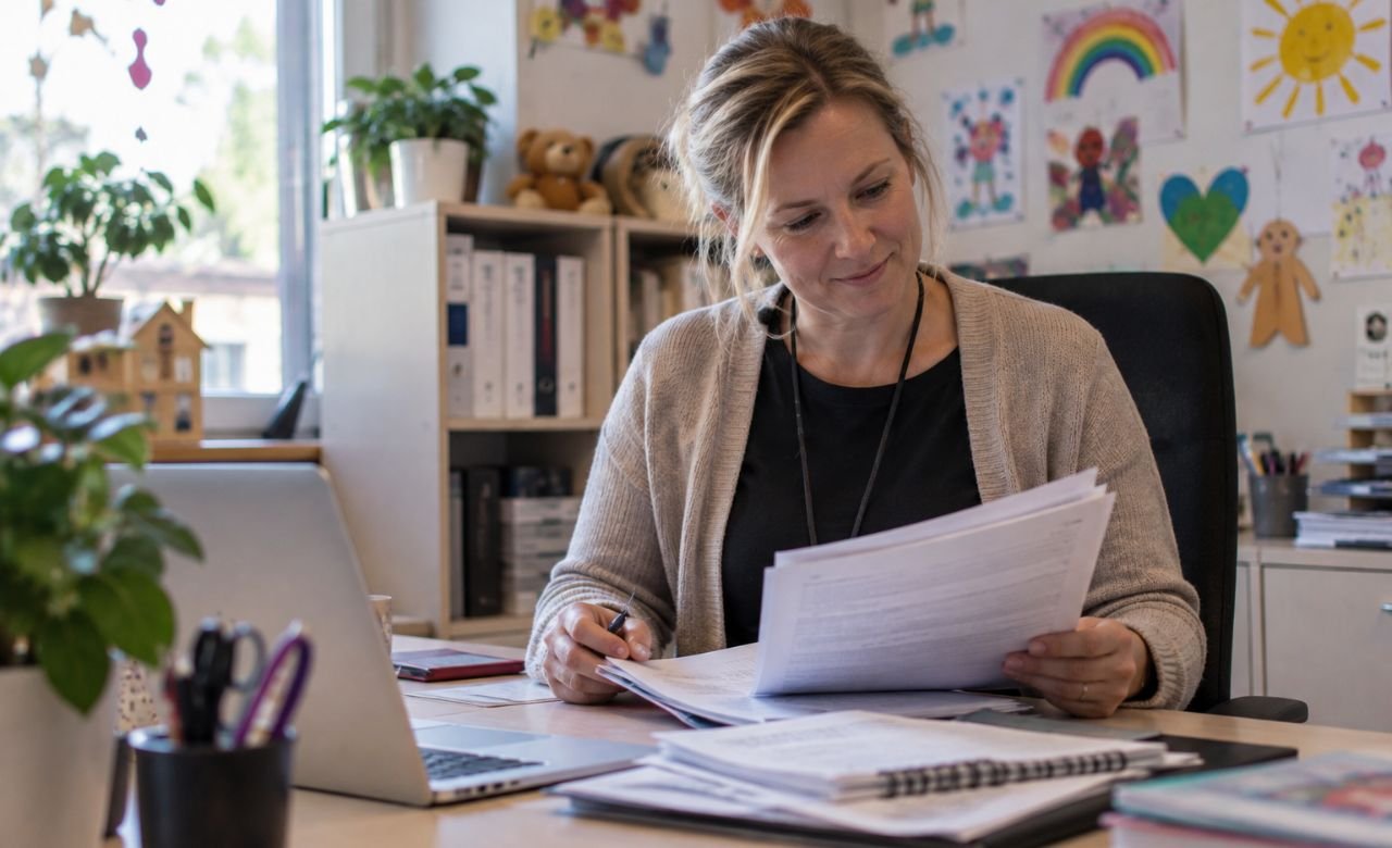 Päiväkodin johtaja työskentelemässä toimistossaan päiväkodissa