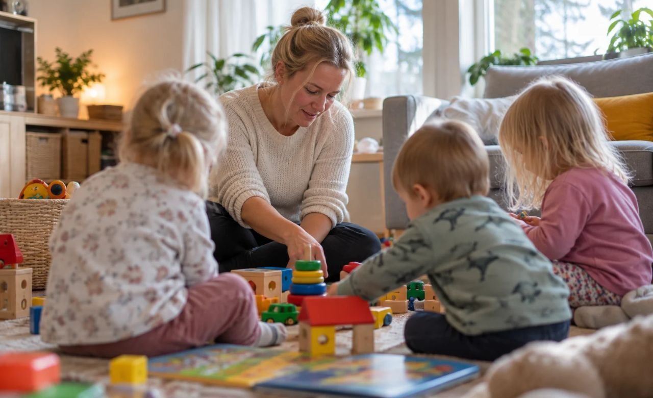 Perhepäivähoitaja leikkimässä pienten lasten kanssa kotona