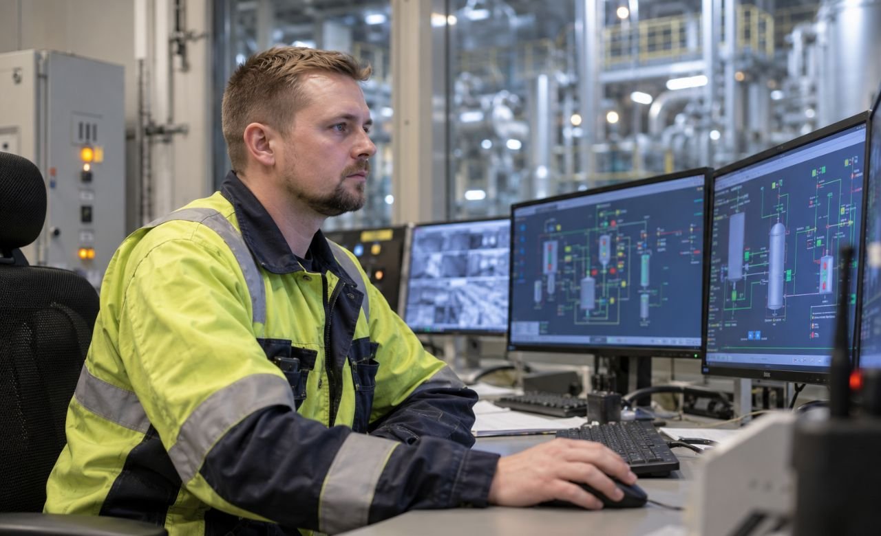 Prosessinhoitaja valvomassa tuotantoprosessia valvomossa