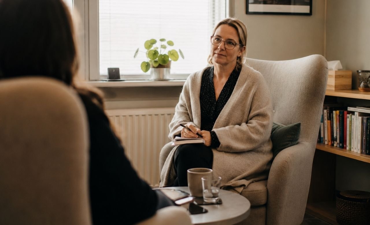 kuva psykoterapeutista rauhallisella vastaanotolla nojatuolien äärellä