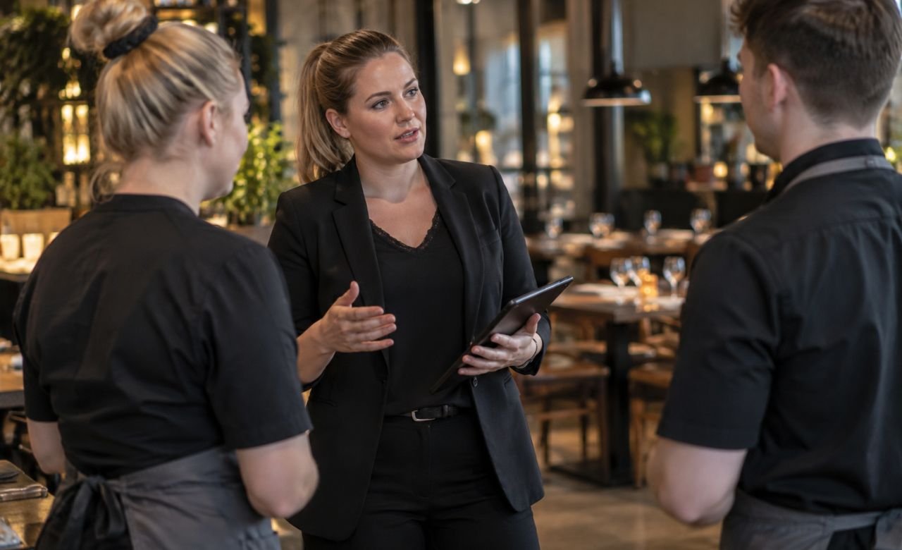Ravintolapäällikkö keskustelemassa henkilökunnan kanssa ravintolassa