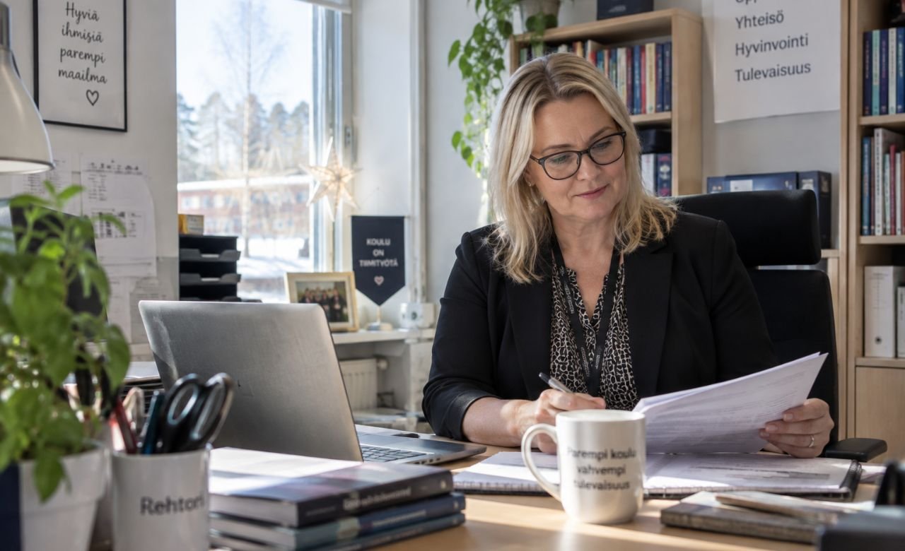 kuva rehtorista työpöytänsä ääressä koulun toimistossa