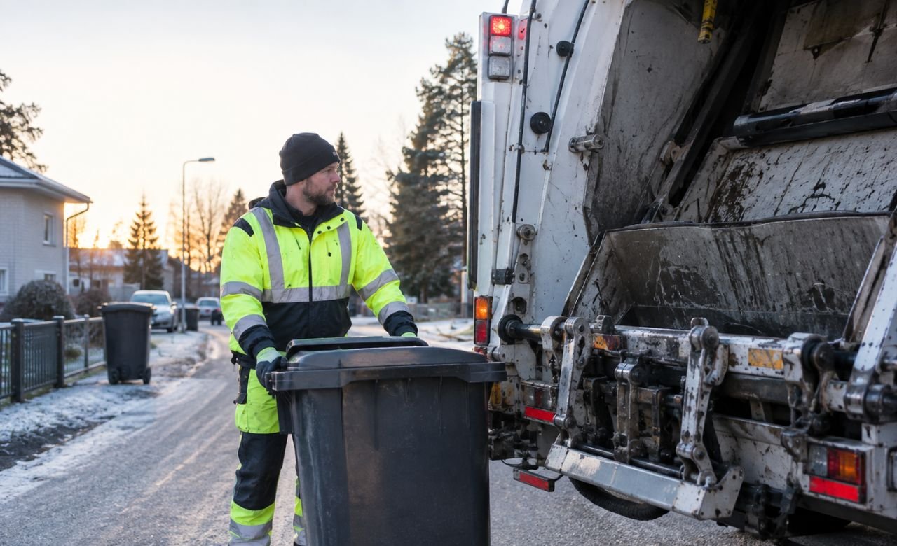 kuva jäteautonkuljettajasta tyhjentämässä jäteastiaa jäteautoon