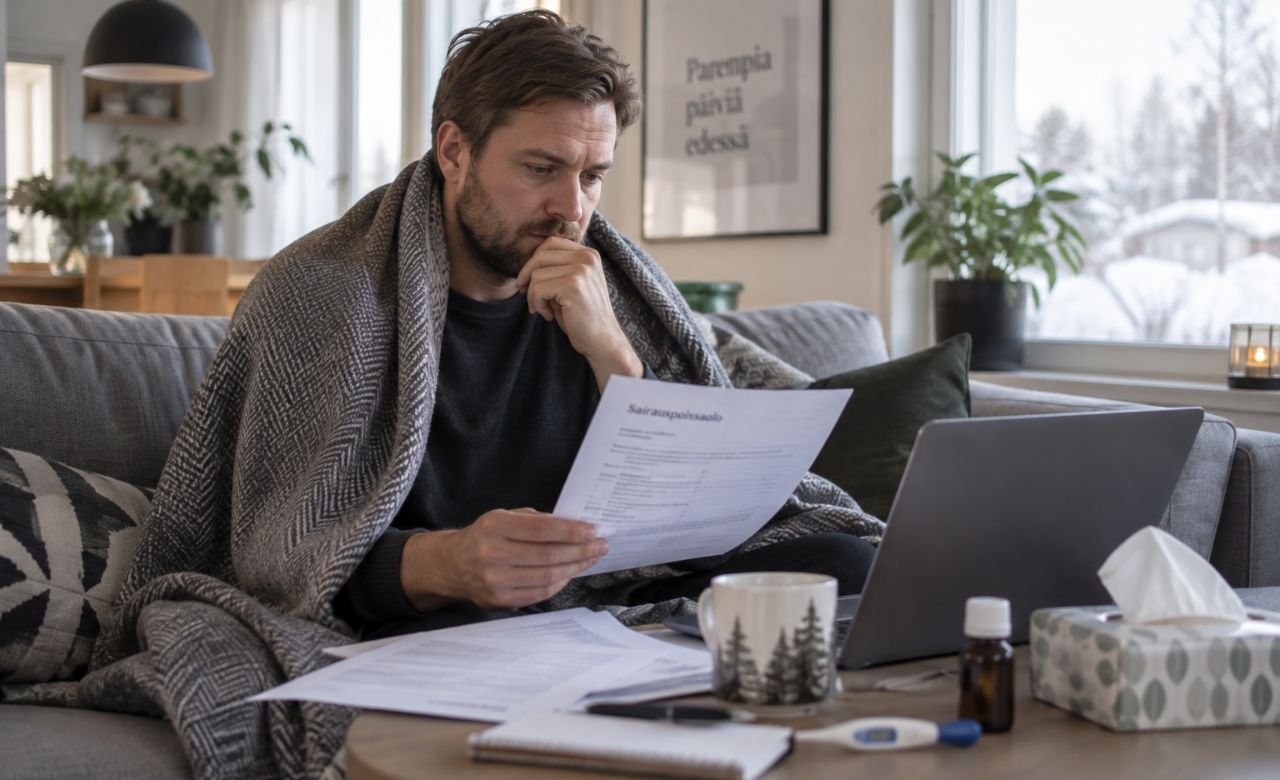 henkilö selvittämässä sairausajan palkkaa kotona tietokoneen ääressä