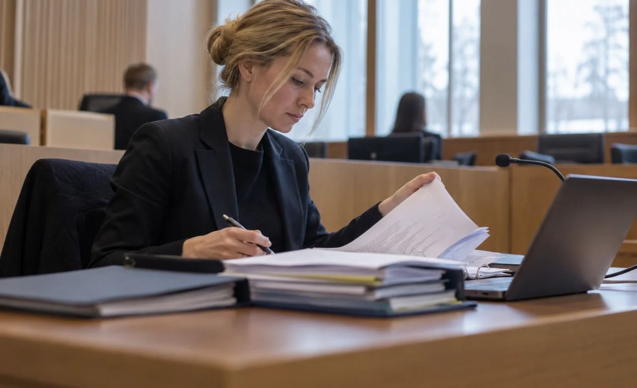Syyttäjä käymässä läpi asiakirjoja käräjäoikeuden salissa