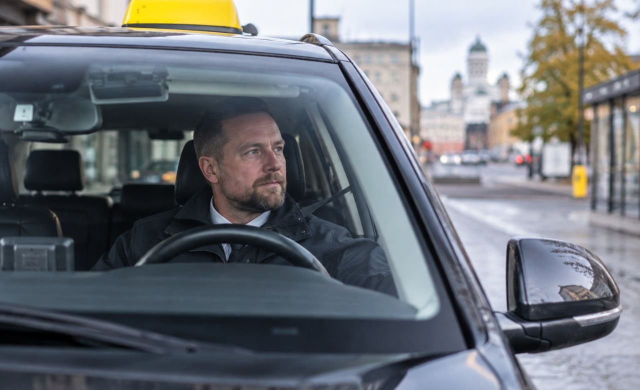 Taksinkuljettaja ratissa odottamassa asiakasta kaupungissa