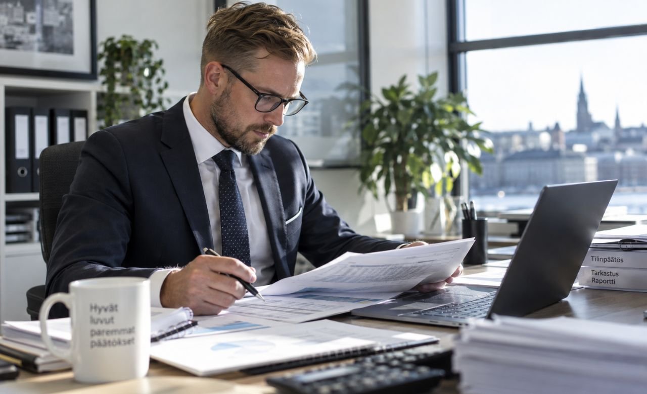 kuva tilintarkastajasta tarkastamassa tilinpäätöstä toimistossa