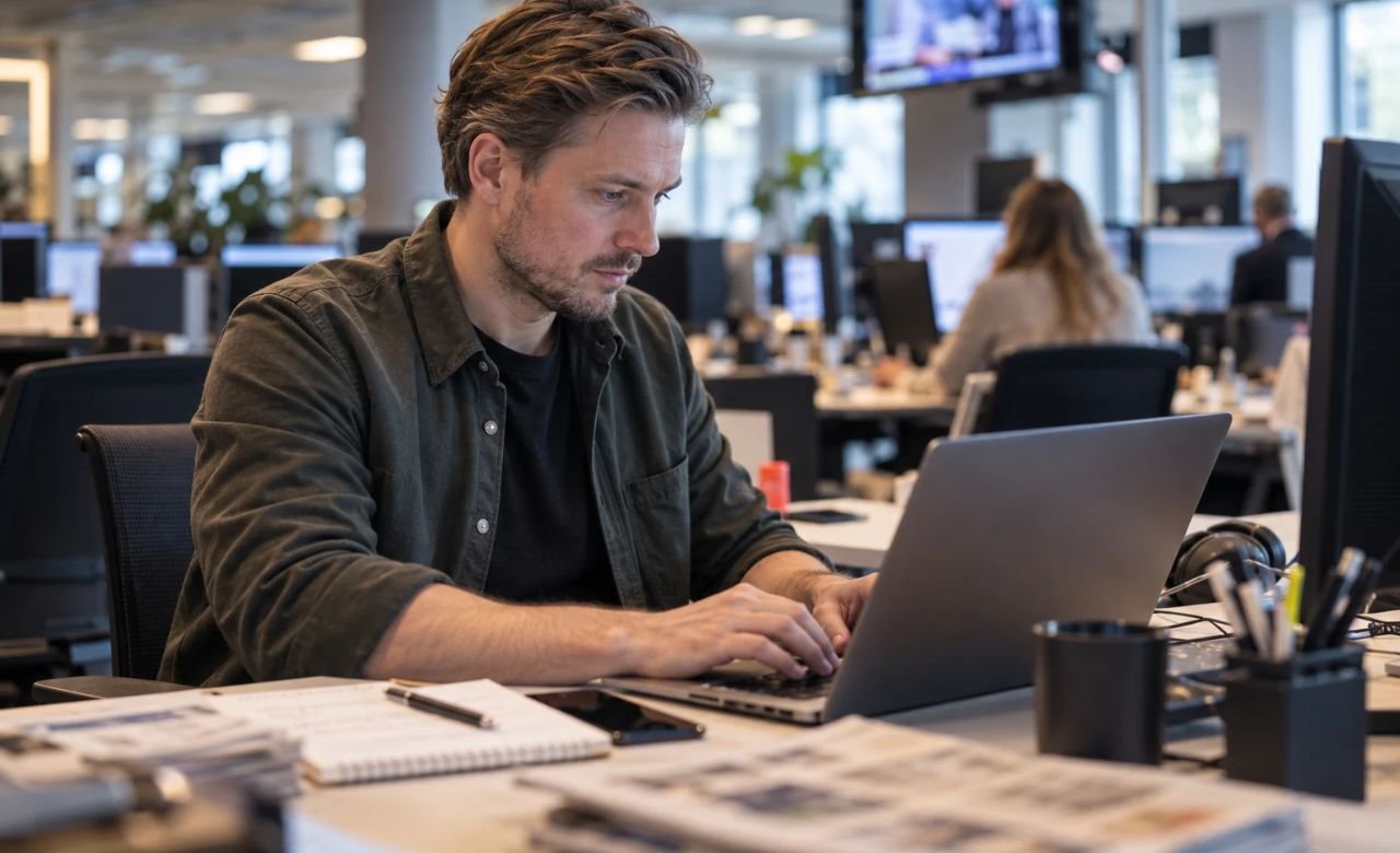 Toimittaja kirjoittamassa juttua uutistoimituksessa