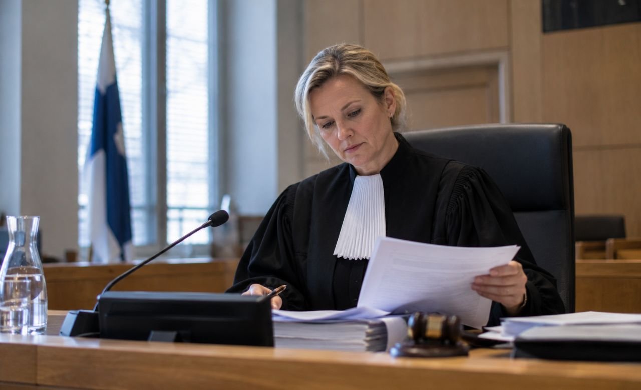 Tuomari istumassa oikeussalissa tuomarinpöydän ääressä