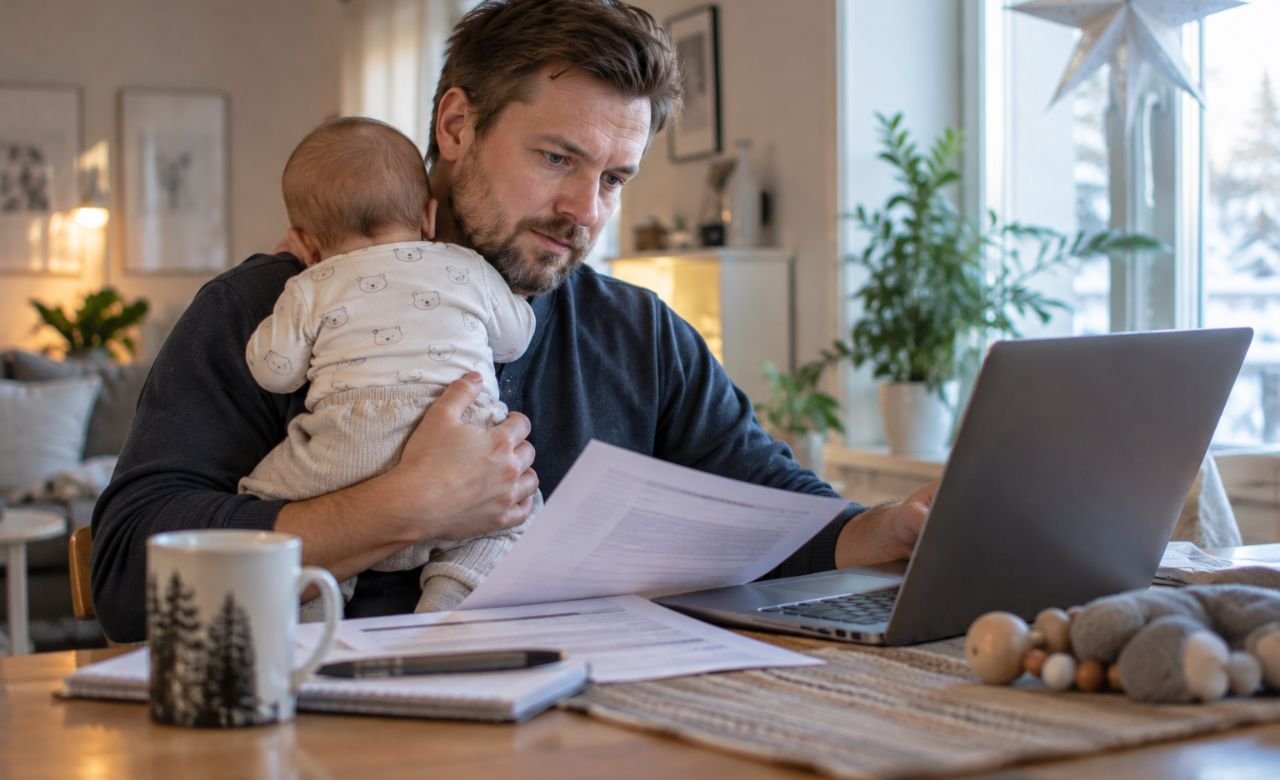 vanhempi vauvan kanssa selvittämässä perhevapaan tukia