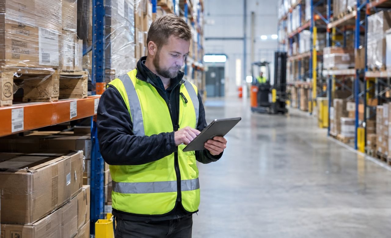 kuva varastonhoitajasta tarkastamassa varastosaldoja logistiikkavarastossa