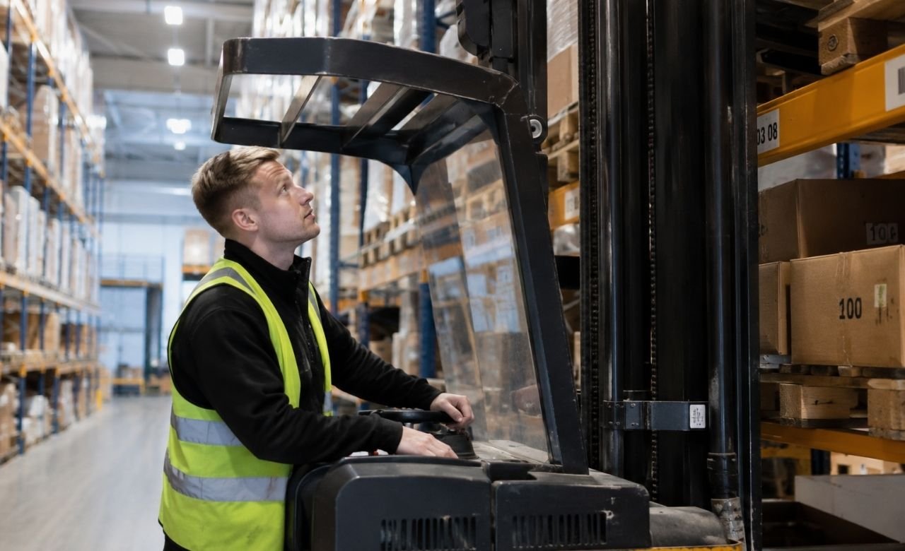 kuva varastotyöntekijästä keräilemässä tavaraa modernissa logistiikkavarastossa