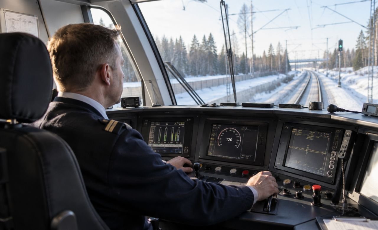 kuva veturinkuljettajasta junan ohjaamossa hallintalaitteiden ääressä