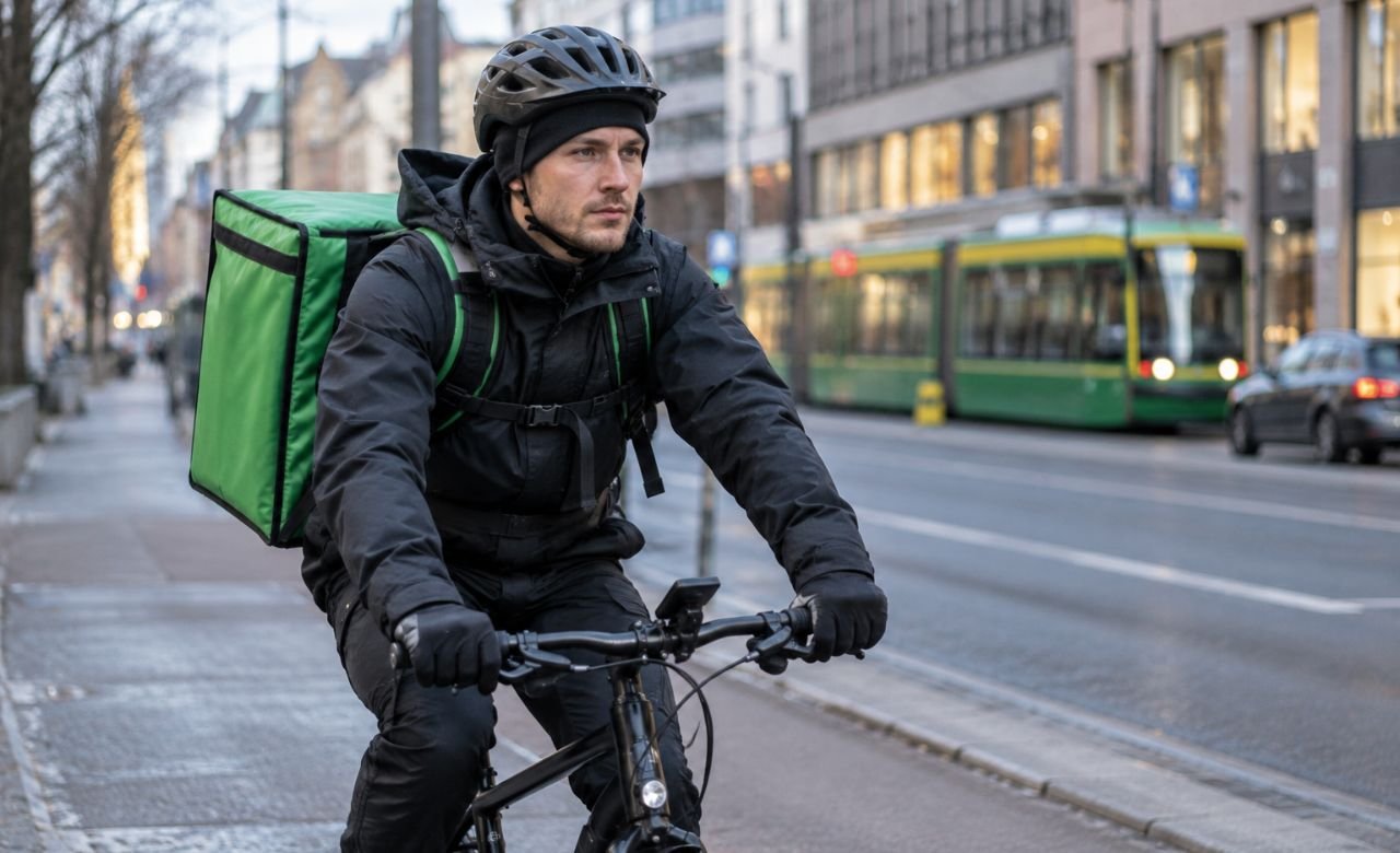 Wolt-kuski ajamassa polkupyörällä ruokatoimitusta kaupungissa