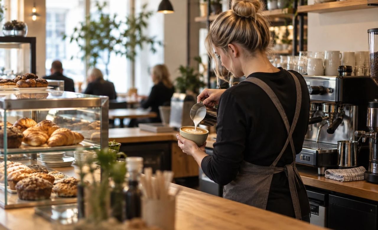 Kahvilatyöntekijä valmistamassa kahvia kahvilan tiskin takana