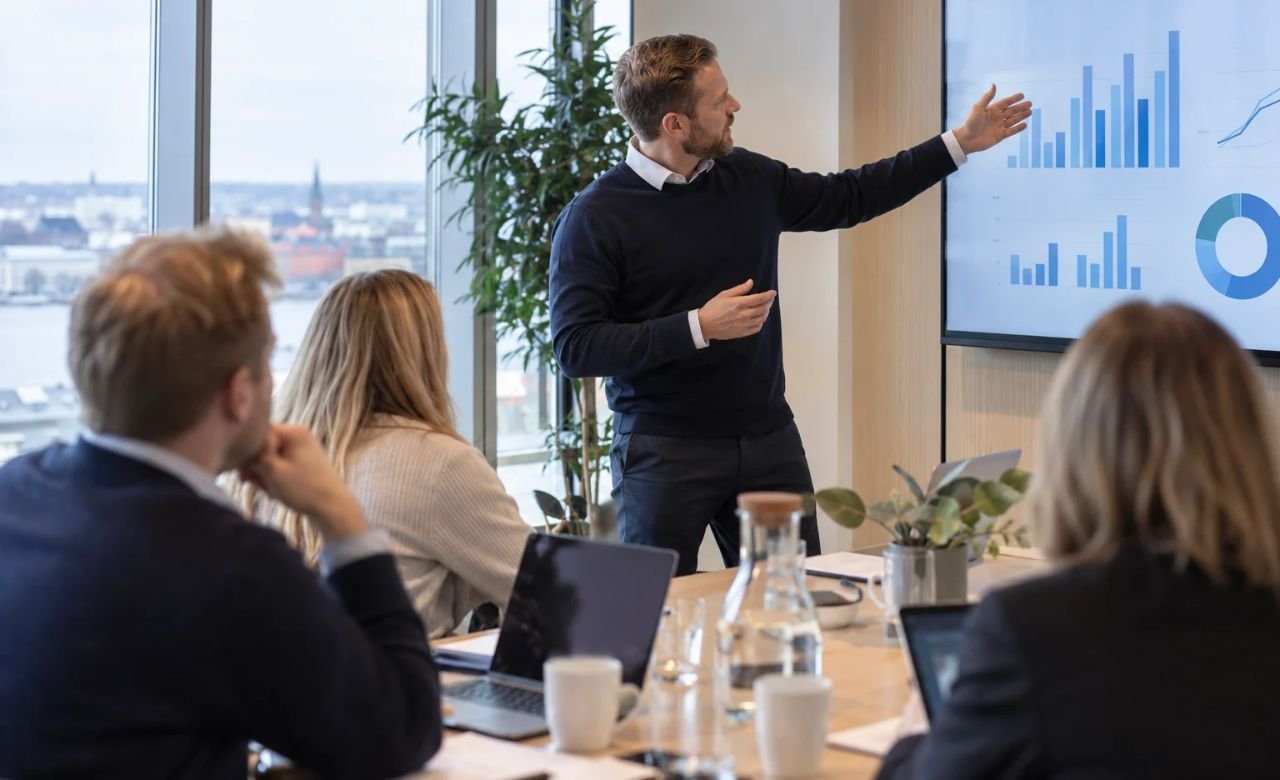 Konsultti esittelemässä analyysia asiakkaalle neuvotteluhuoneessa