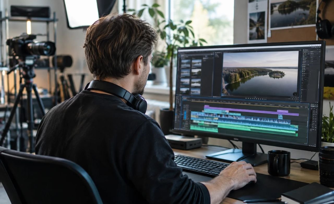 Medianomi editoimassa videota tietokoneella mediastudiossa