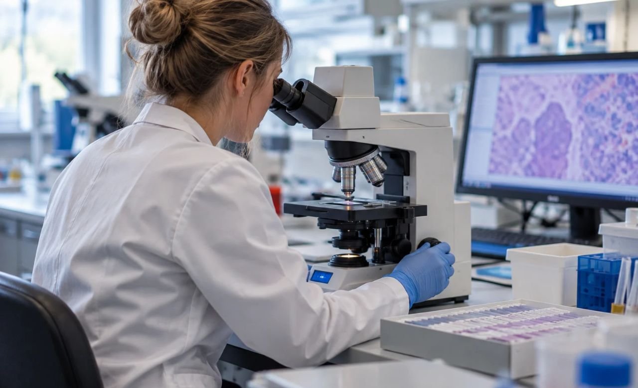 Patologi tutkimassa kudosnäytettä mikroskoopilla laboratoriossa